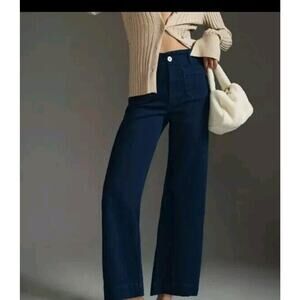 Anthropologie Colette Crop Pants Wide Leg Maeve Dark BLUE Denim Navy Sz 30